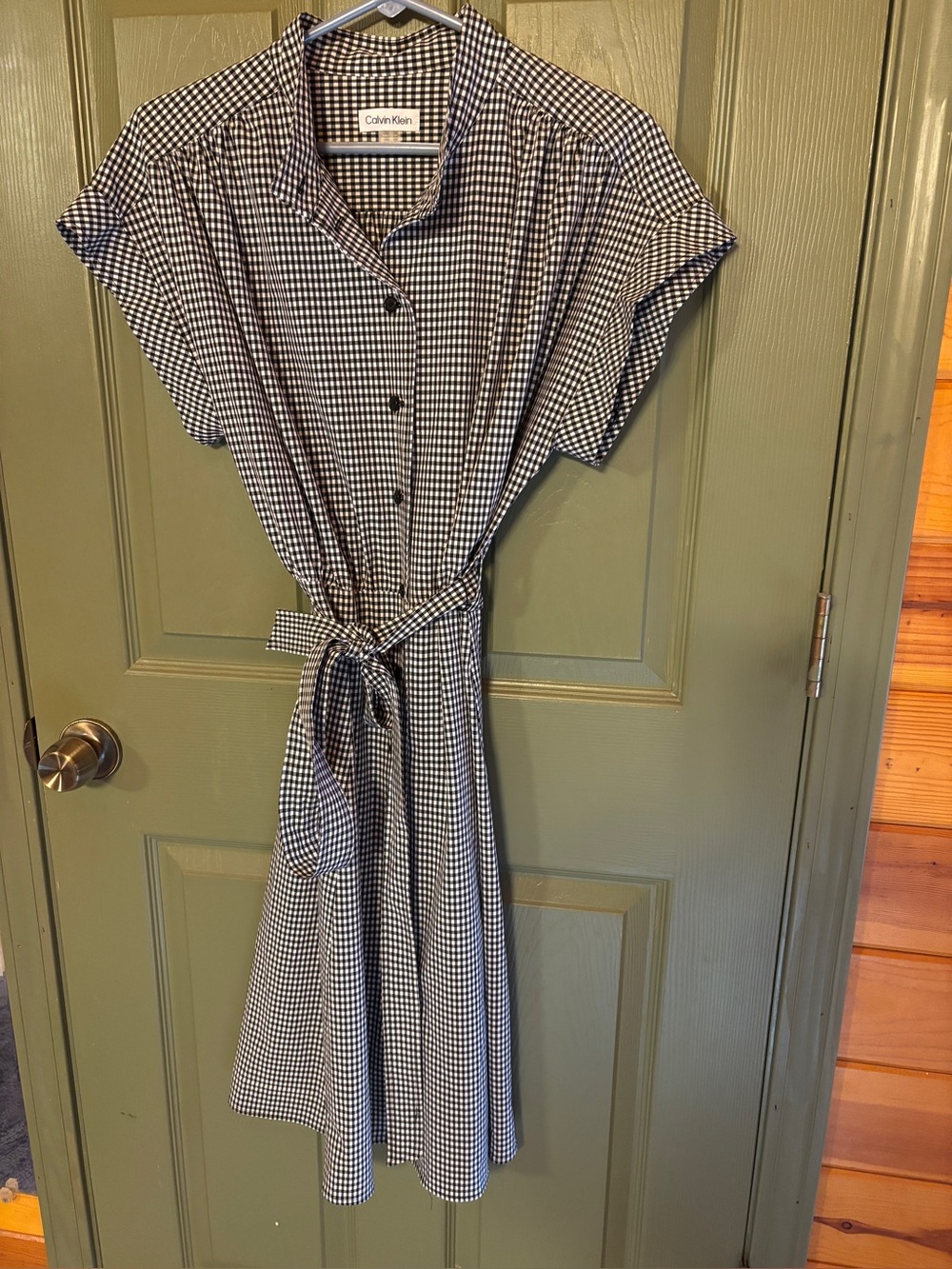 NWOT Calvin Klein Black & White Gingham Tie-Waist Midi Dress